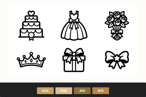 Celebration in Line Art: The Wedding Cake Dress Bouquet Crown Gift Icon Set