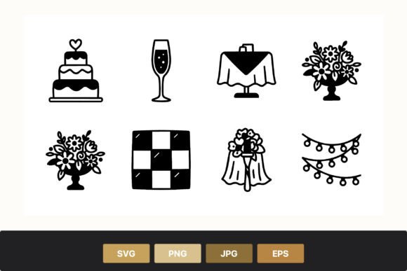 Elegant Wedding Icons: Cake, Champagne, and Florals