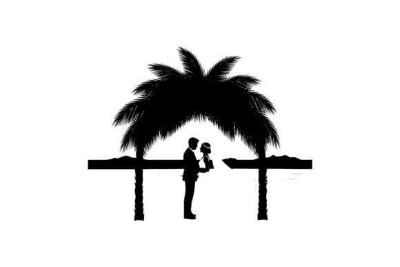 Romantic Beach Wedding Couple Under Palm: Silhouette Clip Art