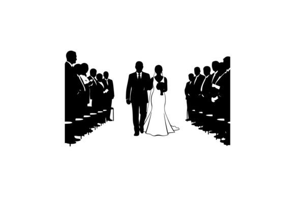 Wedding Couple Holding Hands with Guests: A Silhouette for Modern Design